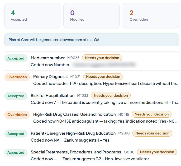Zanium Assure OASIS review showing each suggested answer with its OASIS item, and the clinician's decision to accept or override