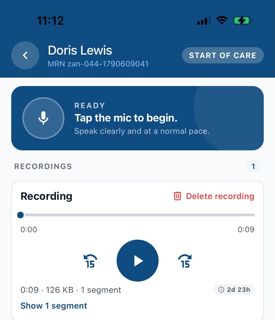 Zanium Essential mobile app at start of care, with a microphone button to begin ambient recording